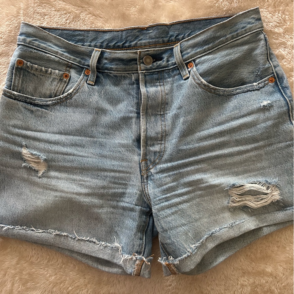 Levi’s 501 Long Shorts size 30. Distressed Light Blue Denim